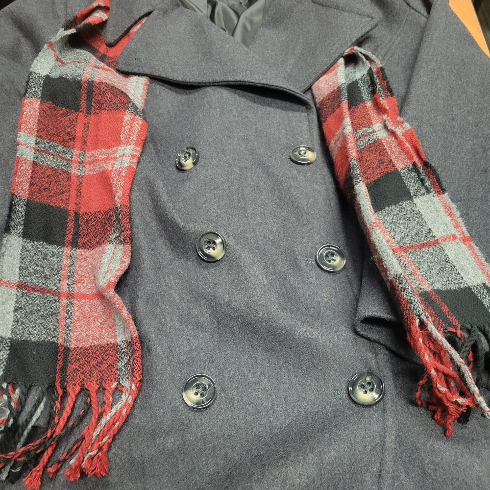 London Fog Womens Quiet Luxury Modern Wool Blend Coat Charcoal Sz 1X Plaid Scarf